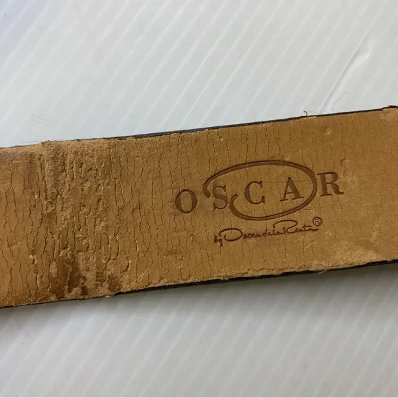 Mens Oscar De La Renta Leather Belt Brass Buckle Distressed Adjustable Accessory Belts